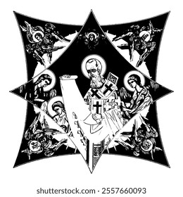 Gregory of Nazianzus on cross dome with 4 apostles, angels and seraphim. Ink illustration black and white in Byzantine style isolated