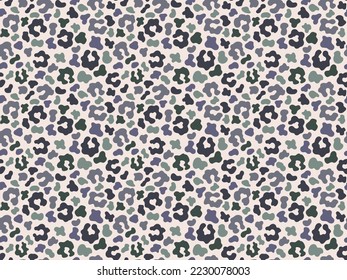 Greish leopard animal texture seamless pattern vector illustration. Hand-drawn animal endless texture by natural muted colors. Wild cats skin grey and green spots on beige background vector