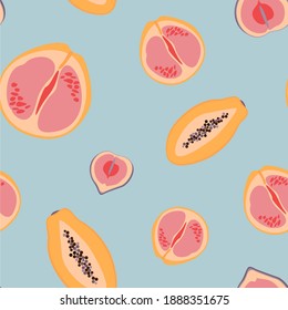 Grejpfrut fruit, Papaya fruit and Fig fruit. Trendy hand drawn fruits seamless vector pattern for stationery, cards, web and wrapping paper. Sweet food and healthy habits.