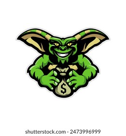 Gremlin holding money bag mascot logo illustration