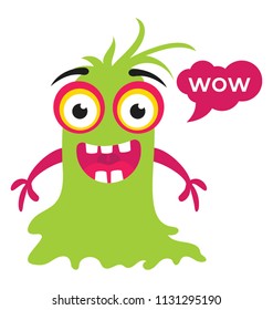 
A gremlin troll cartoon character grinning and laughing with big mouth and WOW message bubble 
