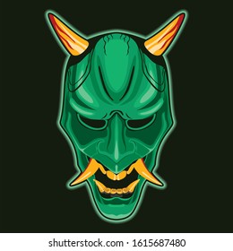 gren hanya mask with yellow horn on dark green background vector