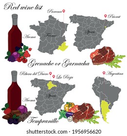 Grenache or Garnacha and Tempranillo. The wine list. An illustration of a red wine with an example of aromas, a vineyard map and food that matches the wine. Background for menu and wine tasting.