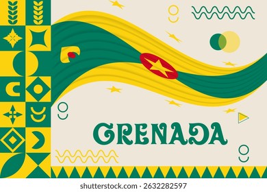 Grenada banner with cultural design. Independence day design for Grenada celebration. Modern neo geometric retro design with flag, map and abstract icons. Green and Yellow. Vector Illustration