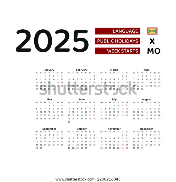 Grenada Calendar 2025 Week Starts Monday Stock Vector (Royalty Free