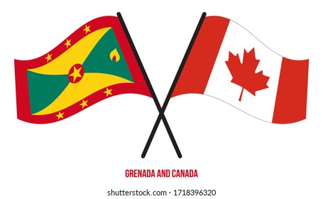 Grenada and Canada Flags Crossed And Waving Flat Style. Official Proportion. Correct Colors.