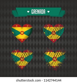 Grenada. Collection of four vector hearts with flag. Heart silhouette