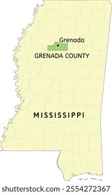 Grenada County and city of Grenada location on Mississippi state map