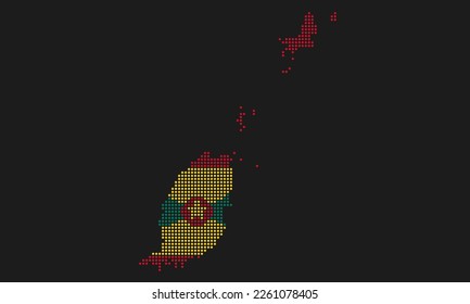 Grenada dotted map flag with grunge texture in mosaic dot style. Abstract pixel vector illustration of a country map with halftone effect for infographic. 