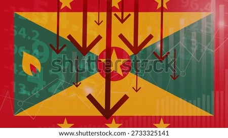 Grenada economic collapse, increasing values with cubes, financial decline, crisis and downgrade concept, Grenada flag with upward rising arrow, dollar USD symbol, fail and decrease