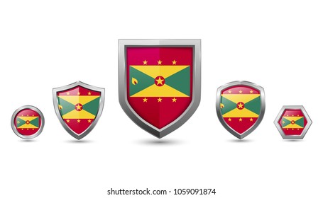 Grenada flag badges - silver shape shield circle hexagon - vector illustration