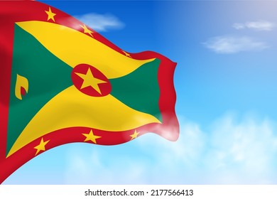 Grenada flag in the clouds. Vector flag waving in the sky. National day realistic flag illustration. Blue sky vector.