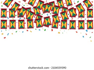 Grenada flag garland white background with confetti, Hang bunting for Grenada independence day celebration template banner, Vector illustration