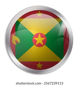 Grenada flag - glossy circle button displays a colorful flag representing a country cultural identity and heritage. The essence of national pride and unity.