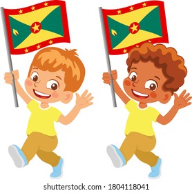 Grenada flag in hand. Children holding flag. National flag of Grenada vector