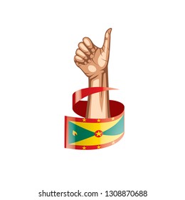 Grenada flag and hand on white background. Vector illustration