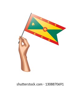 Grenada flag and hand on white background. Vector illustration