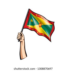 Grenada flag and hand on white background. Vector illustration