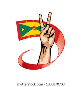 Grenada flag and hand on white background. Vector illustration