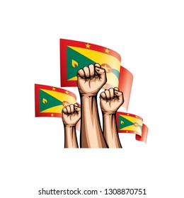 Grenada flag and hand on white background. Vector illustration