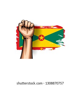 Grenada flag and hand on white background. Vector illustration