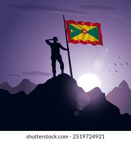 Grenada Flag hoisted on a mountain peak with a purplish sunset in the background, vector illustration
