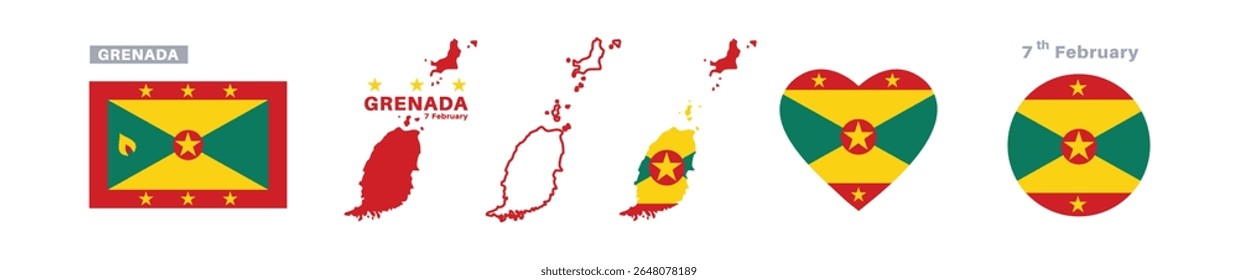 grenada flag and map set. grenada flag in official colors and proportions. independence day 7 february , map, circle and heart shaped grenada	