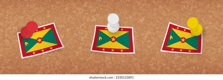 Grenada Fahne eingeklemmt in Korkbrett, drei Versionen von Grenada Fahne. Vektor-Pins und Flaggensatz.