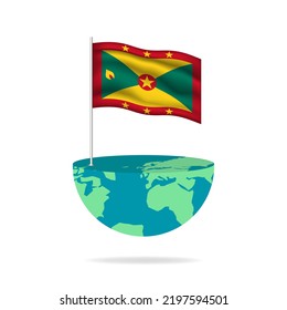 Grenada Fahnenmast auf der Erde. Die Flagge winkt um die Welt. Einfache Bearbeitung und Vektorgrafik in Gruppen. Nationale Flagge, Vektorgrafik auf weißem Hintergrund.