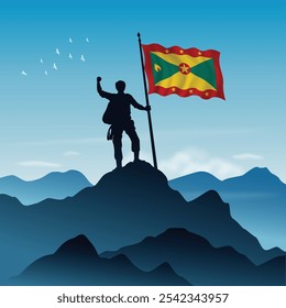 Grenada Flag raised on a mountain peak with clear sky in the background, vector illustration