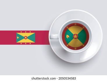 Grenada flag with a tasty coffee cup on top view and a gradient background. Hot beverage with Grenada flag, vector illustration.