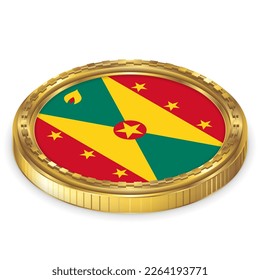 Granada (GD) Bandera Nacional Icono de redondeo 2.5D Isometric Projection View Gold Coin Aislado en fondo blanco