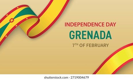 Anuncio del Día de la Independencia de Granada con cinta de la bandera y diseño patriótico del fondo.