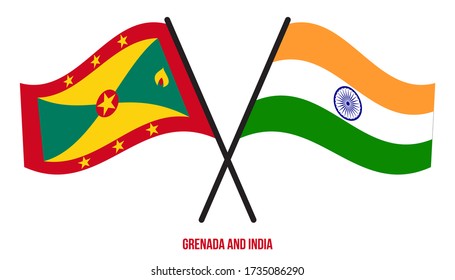 Grenada and India Flags Crossed And Waving Flat Style. Official Proportion. Correct Colors.