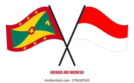 Grenada and Indonesia Flags Crossed And Waving Flat Style. Official Proportion. Correct Colors.