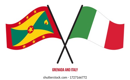 Banderas de Granada e Italia cruzadas y ondeadas de estilo plano. Proporción oficial. Colores correctos.