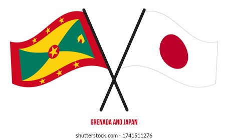 Grenada und Japan Fahnen überquerten und schwingen flach Stil. Offizieller Anteil. Korrigieren Sie die Farben.
