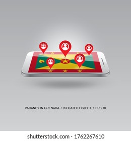 GRENADA job search icon on national flag. 3d image of telephone. Design for banners, posters, sites, advertising. Vector illustration. 