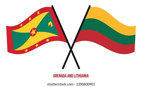 Grenada und Litauen Flaggen überquert und schwingen Flat Style. Offizieller Anteil. Korrigieren Sie Farben.