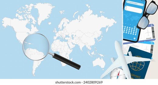 Grenada is magnified over a World Map, illustration with airplane, passport, boarding pass, compass and eyeglasses. Vector illustration.