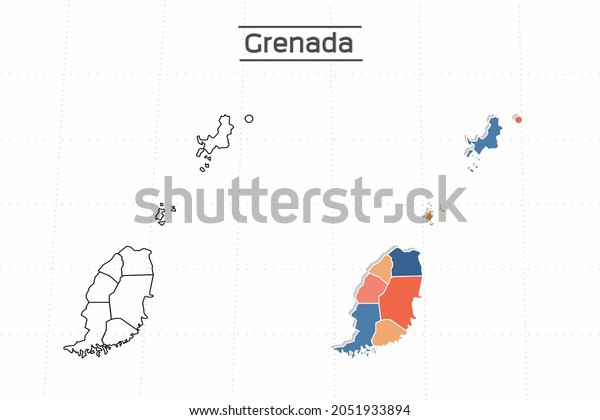 Grenada map city vector\
divided by colorful outline simplicity style. Have 2 versions,\
black thin line version and colorful version. Both map were on the\
white background.