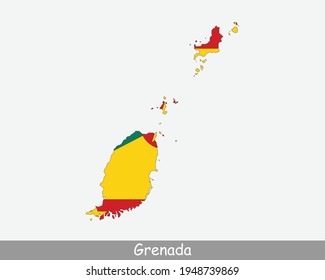 Grenada Map Flag. Map of Grenada with the Grenadian national flag isolated on white background. Vector Illustration.