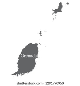 Grenada map, gray with white country name letters on the map.