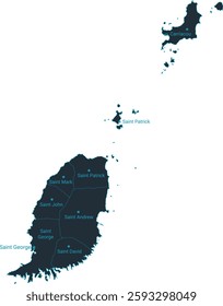 Grenada map high detailed with administrative divide by state, capital cities names, outline simplicity style. Vector illustration EPS10.