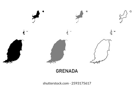 Grenada map in various style outline, black, and gray