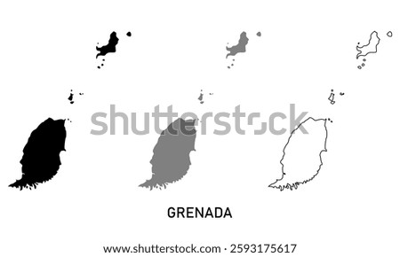 Grenada map in various style outline, black, and gray
