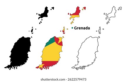 Mapa de Granada Vetor - Contorno do País, Bandeira Dentro do Mapa, Branco e Versão Silhueta