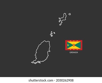 Grenada map vector thin white line style on the black background and Grenada flag in this vector.
