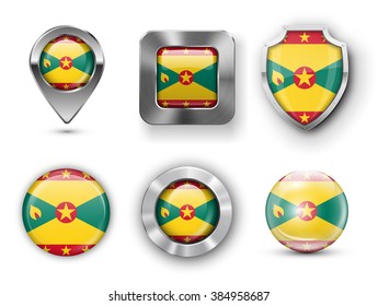Grenada Metal and Glass Flag Badges, Buttons, Map marker pin and Shields. Vector illustrations
