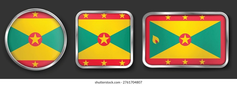 GRENADA Metallic Flag Collection, Circular, Square and Rectangular GRENADA Flag Badges Set